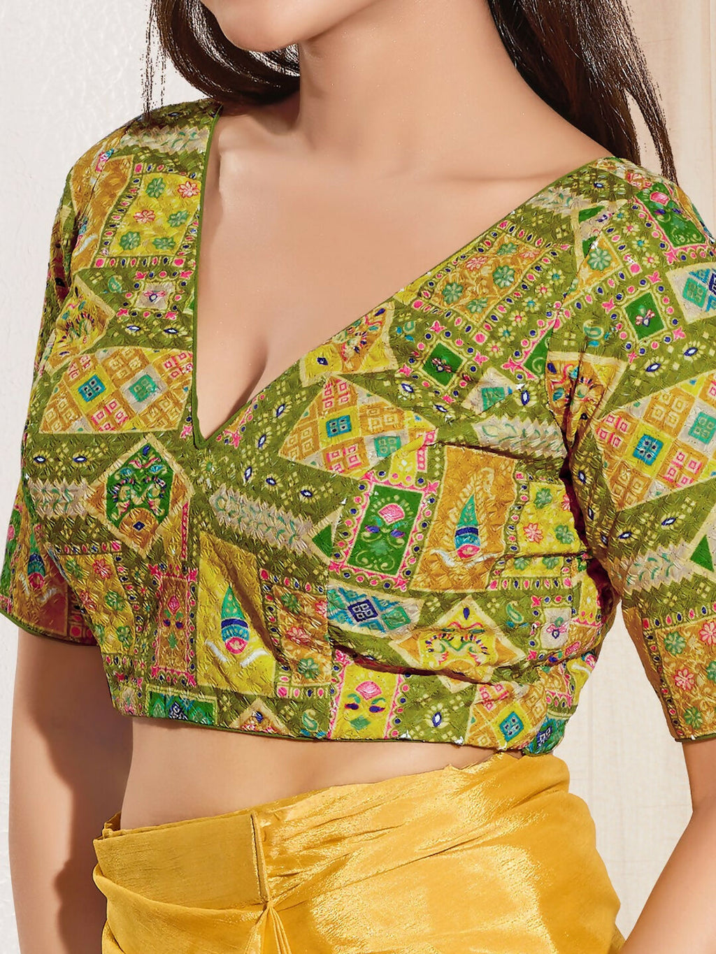 Joban Fashion Mehendi Green Viscose Rayon Padded Blouse With V Neck Elbow Sleeves - Distacart