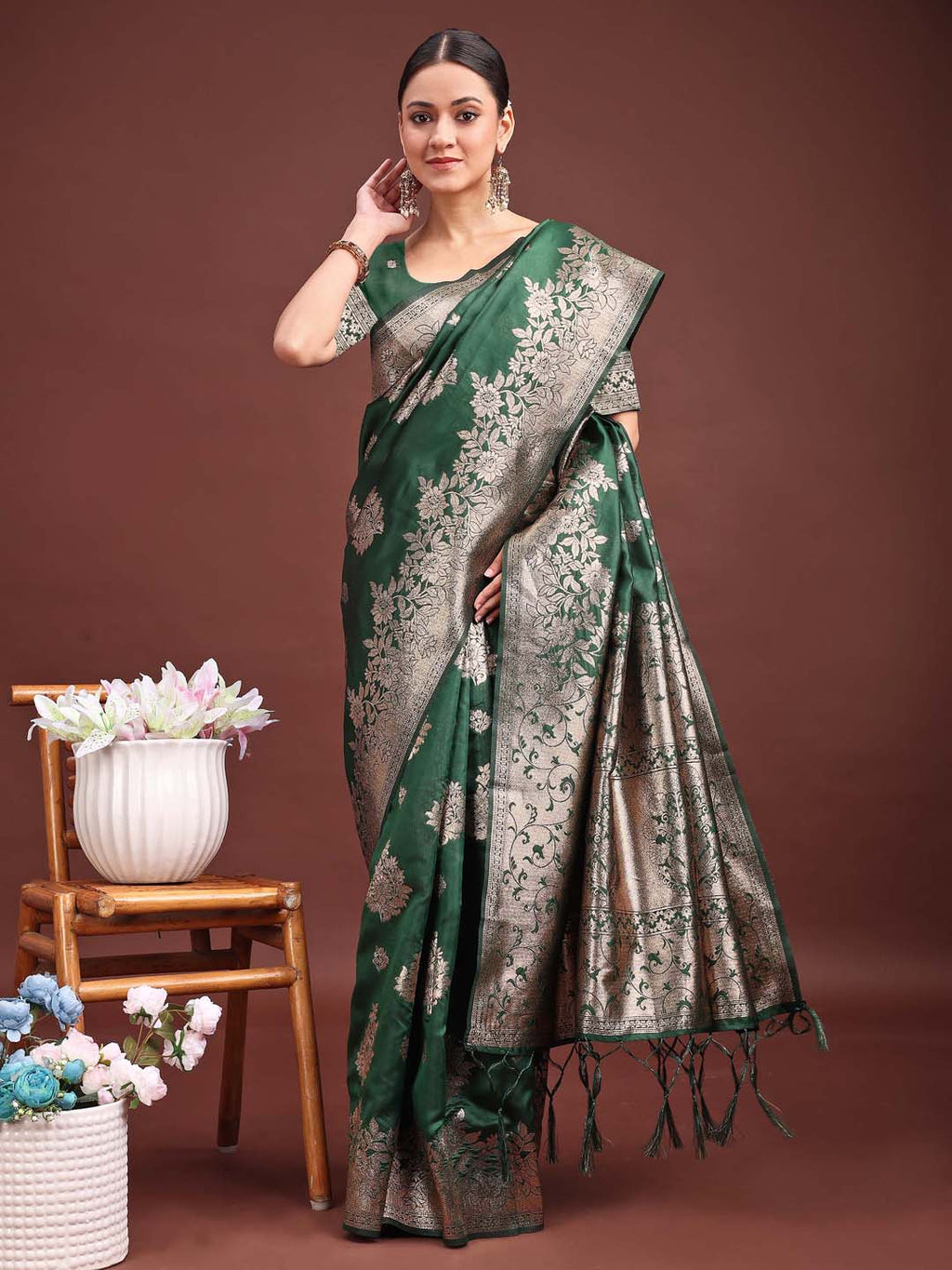 Anaita D Green Banarasi Silk Woven Work Saree With Blouse - Distacart