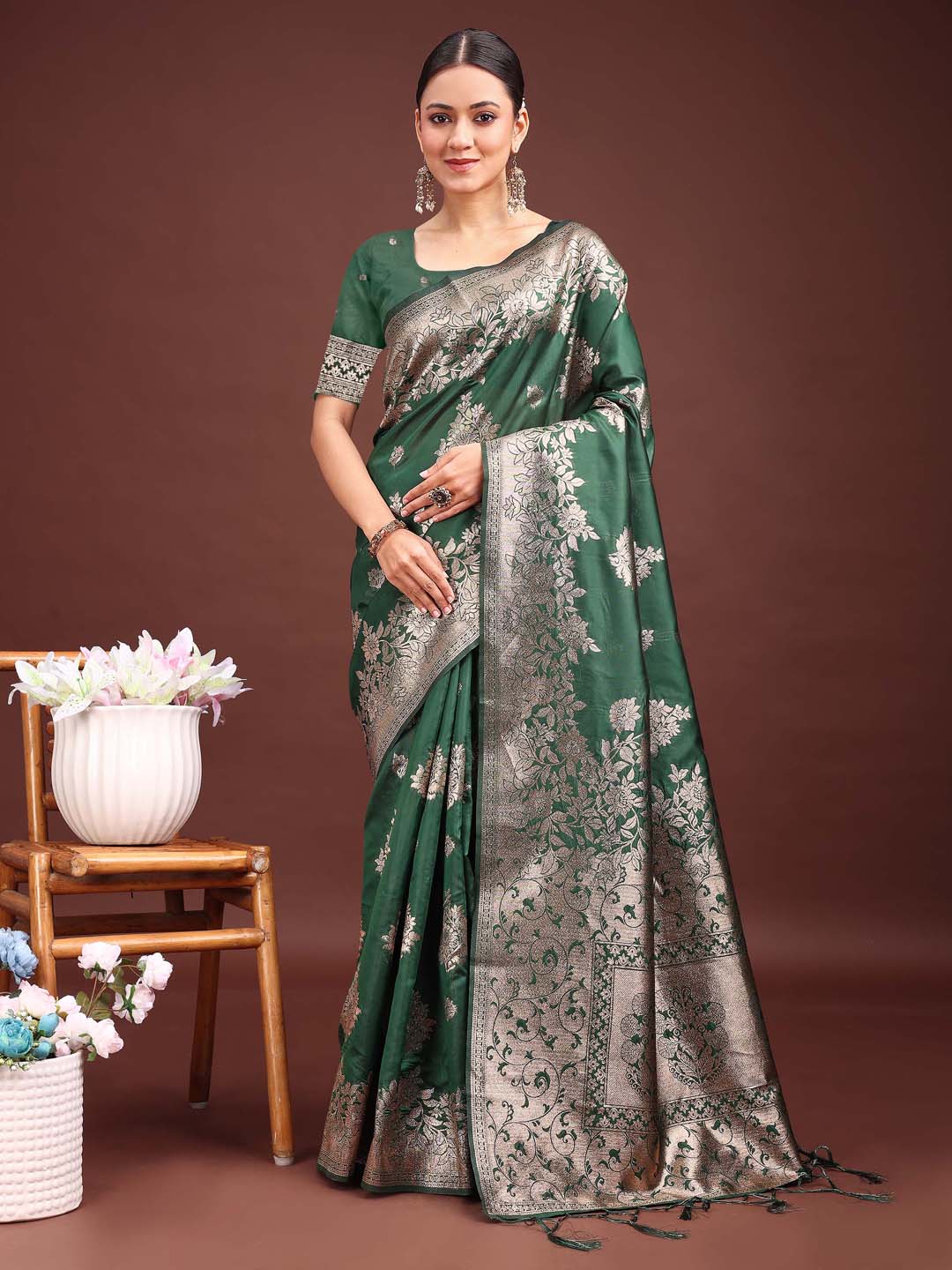 Anaita D Green Banarasi Silk Woven Work Saree With Blouse - Distacart