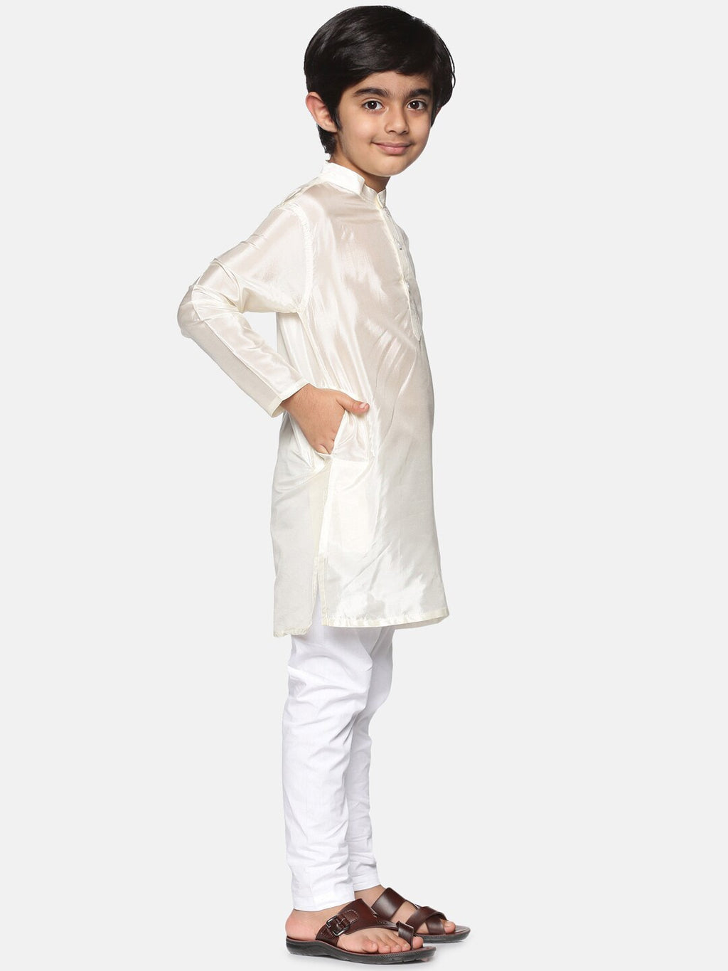 Sethukrishna Boys Cream-Coloured & White Kurta With Pyjamas