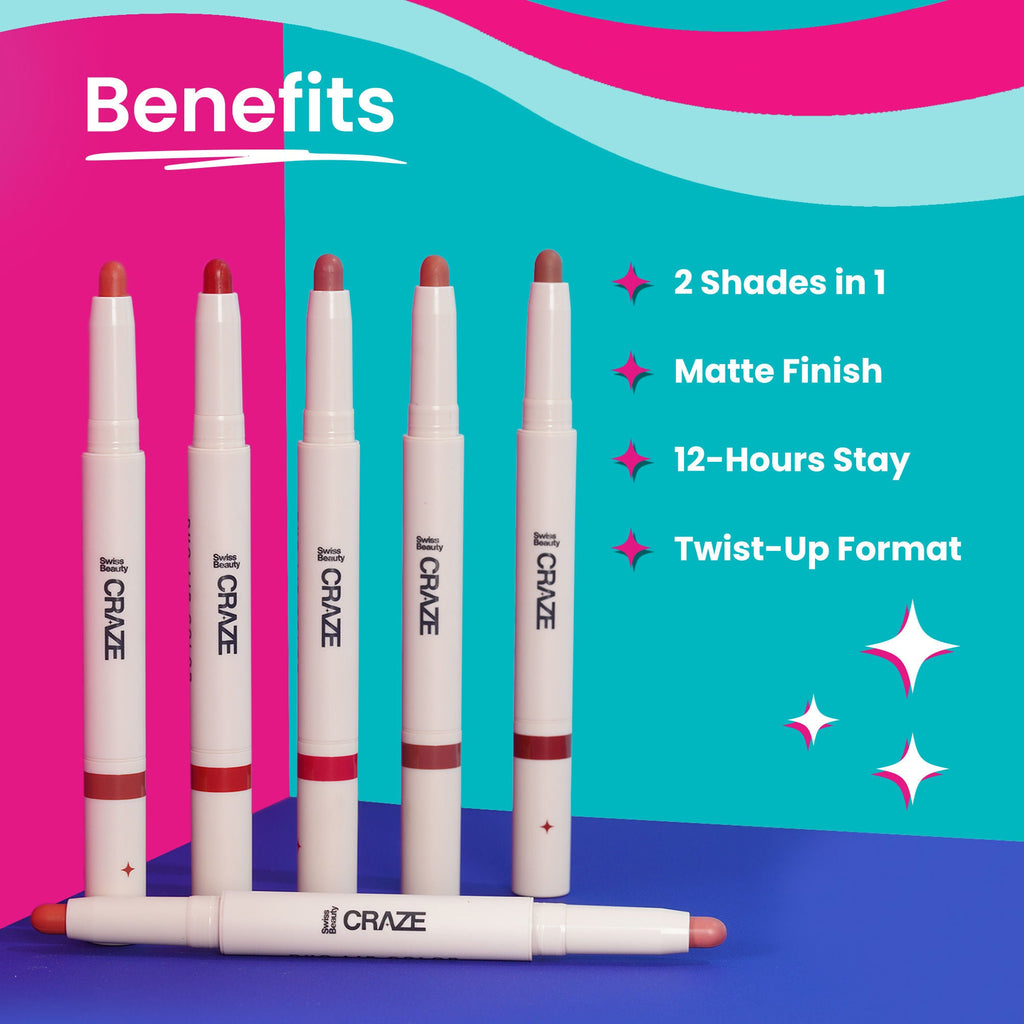 Swiss Beauty CRAZE Duo 2 In 1 Satin Matte Finish Lipstick Non-Transfer Lip Colour - 01 Party Ready - Distacart