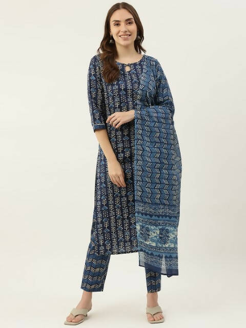 FIORRA Women's Blue Cotton Straight Kurta Pant With Dupatta