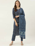 FIORRA Women's Blue Cotton Straight Kurta Pant With Dupatta