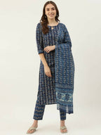 FIORRA Women's Blue Cotton Straight Kurta Pant With Dupatta