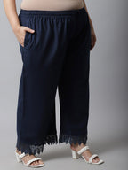 TAG 7 Women Navy Blue Linen Plus Size Lace Ethnic Palazzos