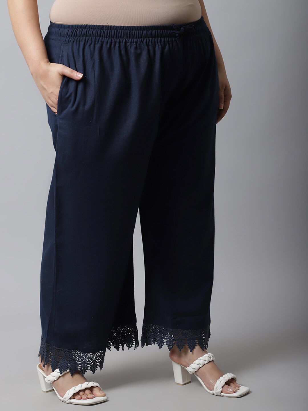 TAG 7 Women Navy Blue Linen Plus Size Lace Ethnic Palazzos
