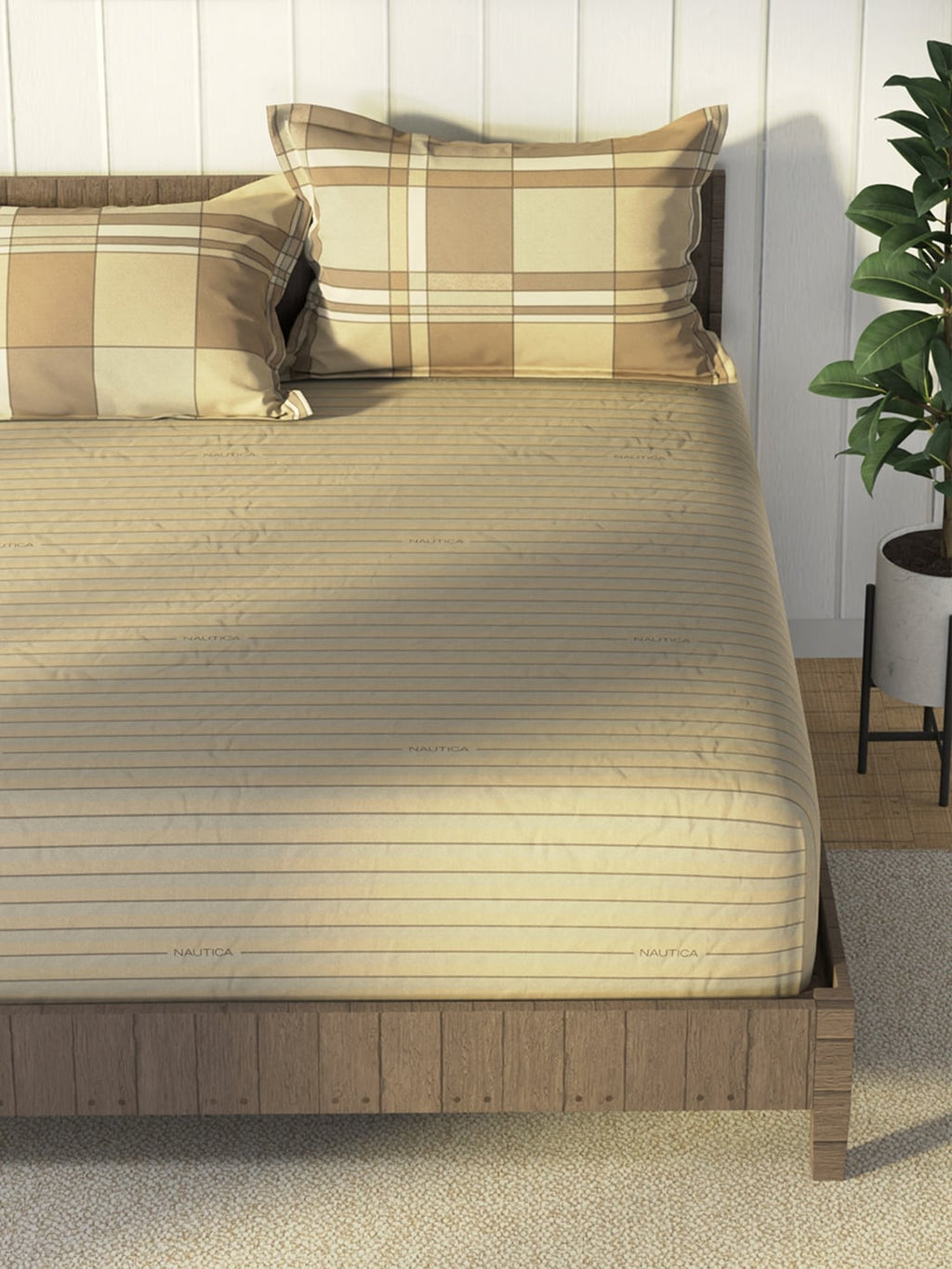 Nautica Brown & Brown Striped Cotton 160 TC King Bedsheet With 2 Pillow Covers