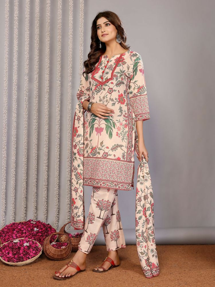 Joban Fashion Women Cream Linen Printed Stitched Kurta Set - Distacart