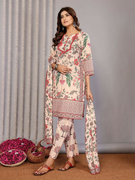 Joban Fashion Women Cream Linen Printed Stitched Kurta Set