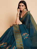 Sangria Green & Gold-Toned Embellished Pure Chiffon Saree - Distacart