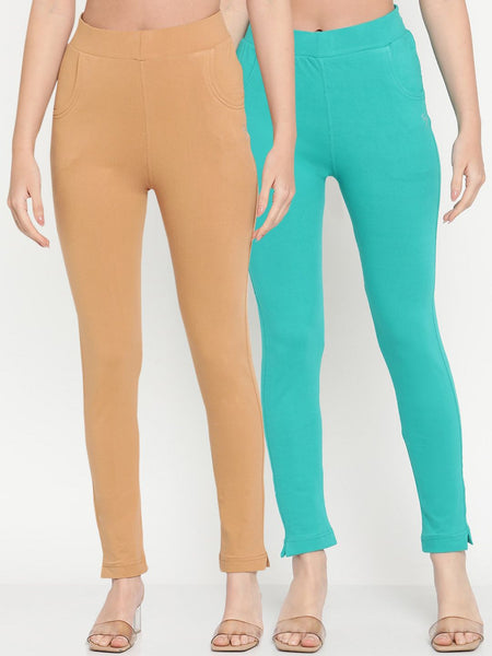 TAG 7 Women Turquoise Blue & Beige Ankle-Length Leggings Pack of 2