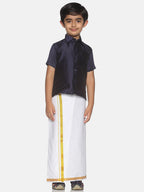 Sethukrishna Boys Navy Blue & White Solid Shirt and Veshti Set