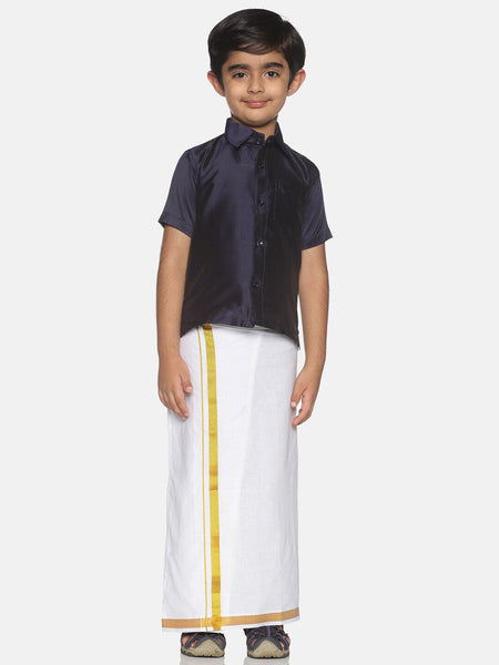 Sethukrishna Boys Navy Blue & White Solid Shirt and Veshti Set