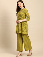 All About You Women Green Printed Pure Cotton Kurti with Palazzos