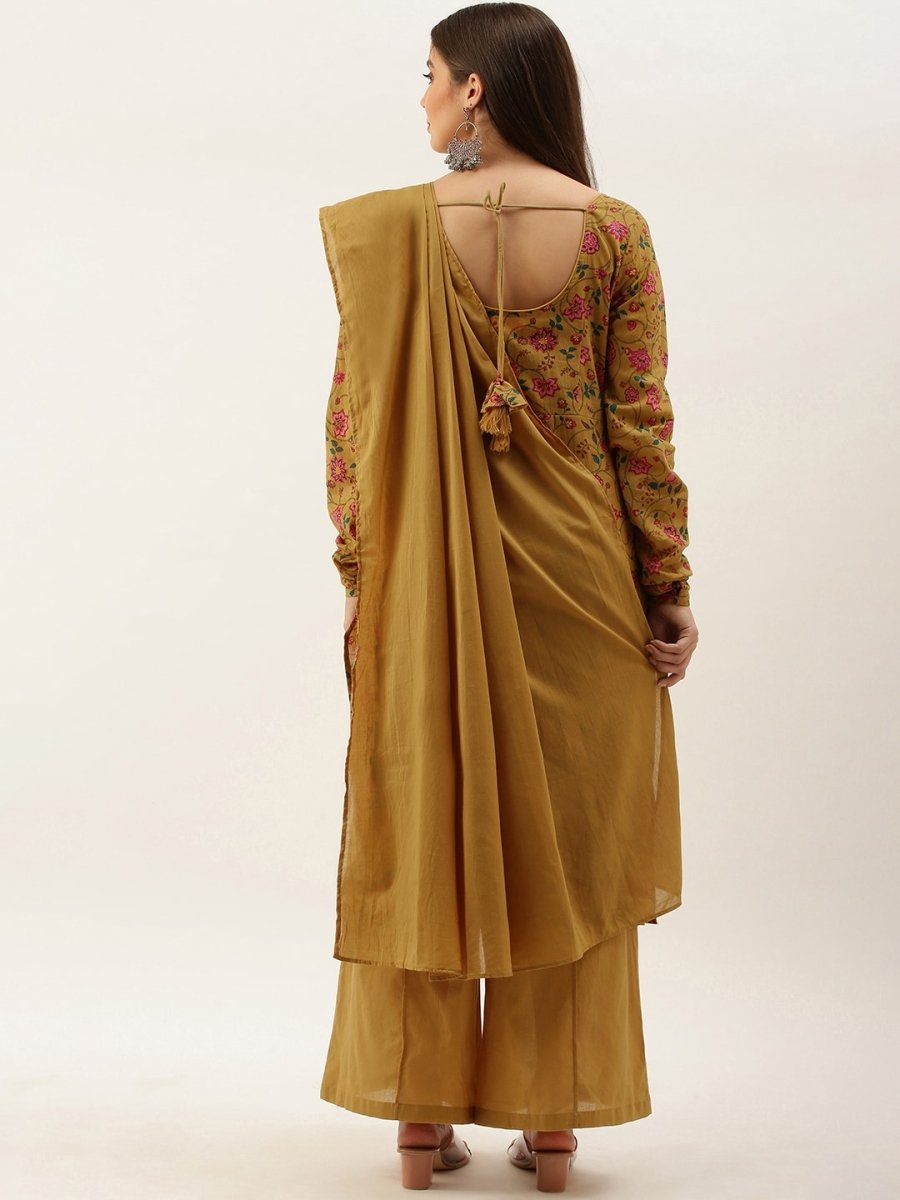 All About You Women Brown Floral Print Straight Cotton Kurta with Palazzos & Dupatta