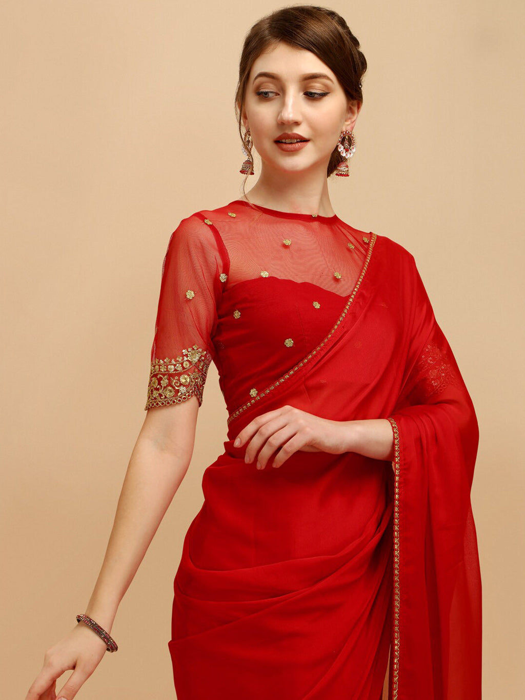 Sangria Red Silk Blend Embroidered Saree