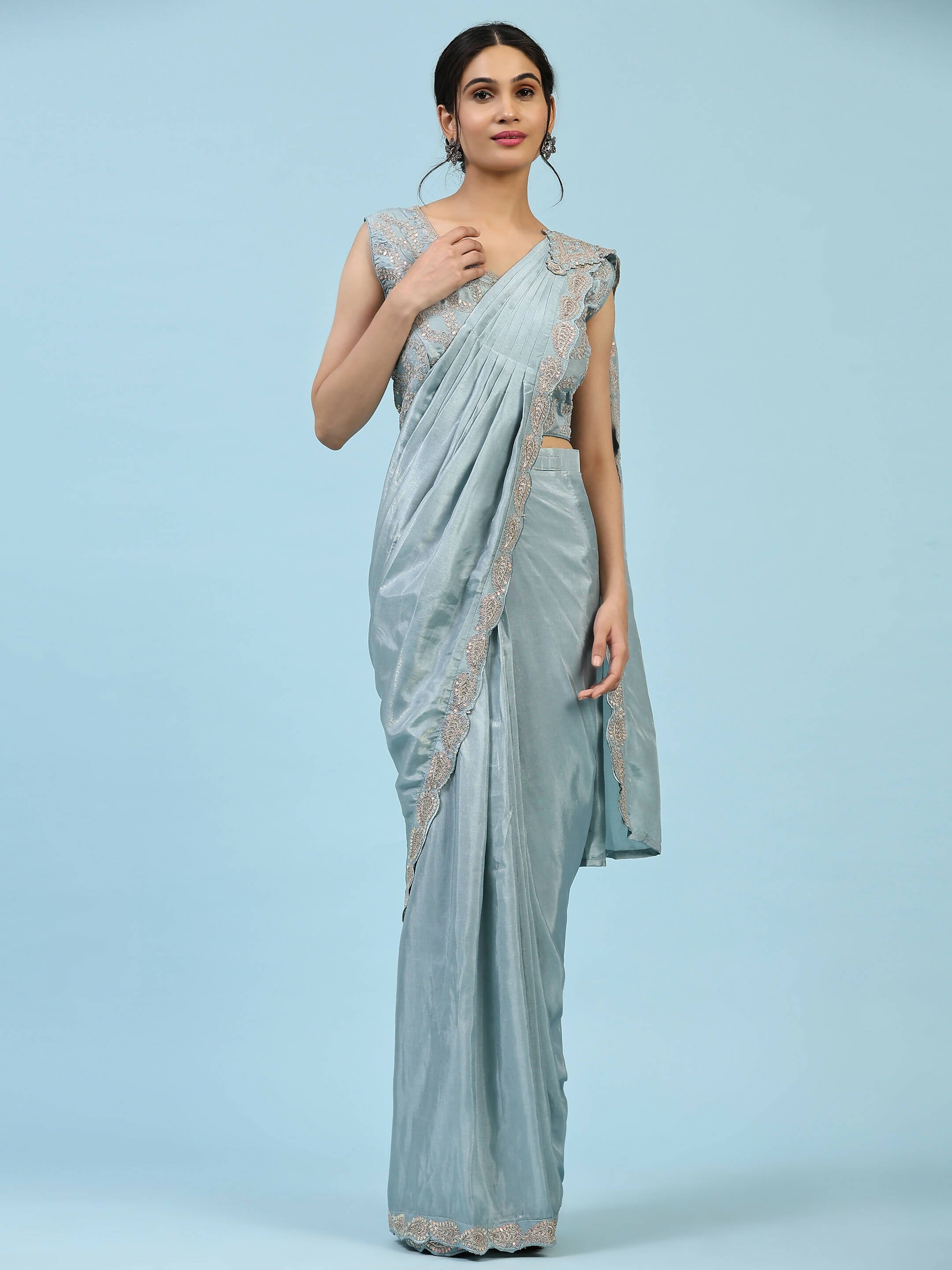 Sky Blue Silk Satin Plain Ready to wear Saree with stitched Blouse - Vrinda
