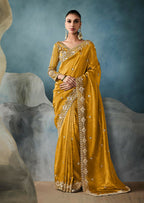 Monjolika Fashion Mustard Tissue Embroidered Sequins And Zari Work Saree - Distacart