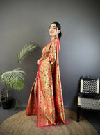 Joban Fashion Peach Floral & Leaf Motifs Soft Silk Paithani Saree - Distacart