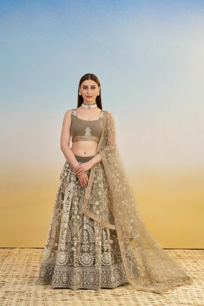Aastha Fashion Ivory Butterfly Net White Cotton Thread Work And Sequence Work Embroidery Wedding Wear Lehenga Choli