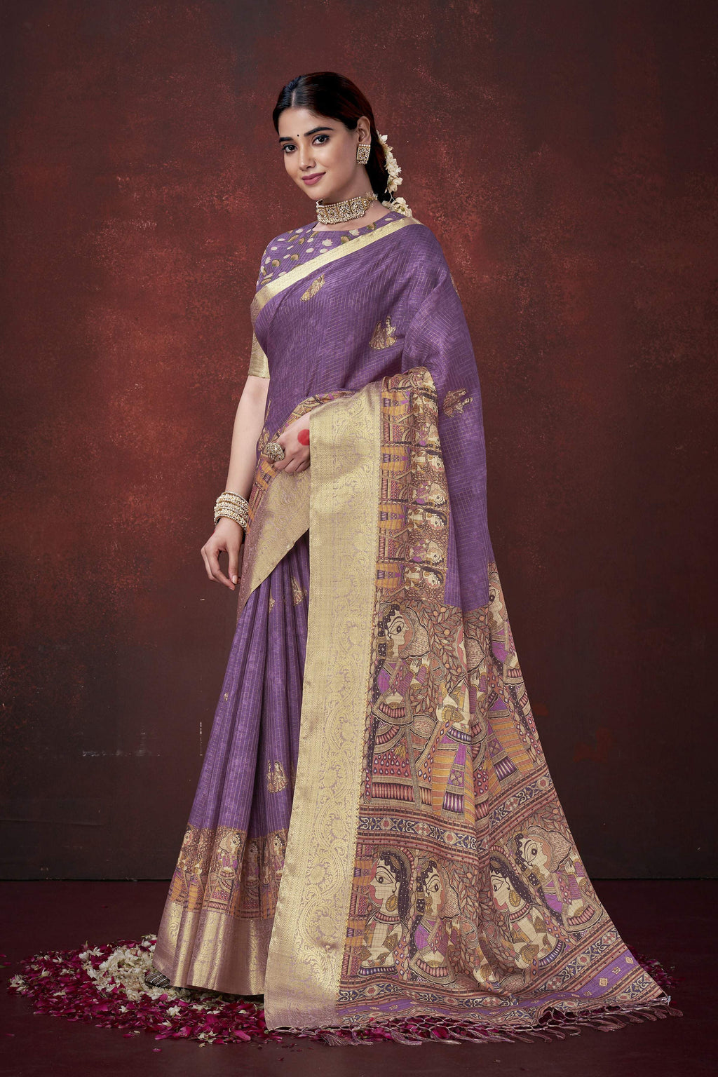 Purple Poly Habotai Silk Foil Print Saree with Unstitched Blouse - Kathari