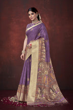 Purple Poly Habotai Silk Foil Print Saree with Unstitched Blouse - Kathari