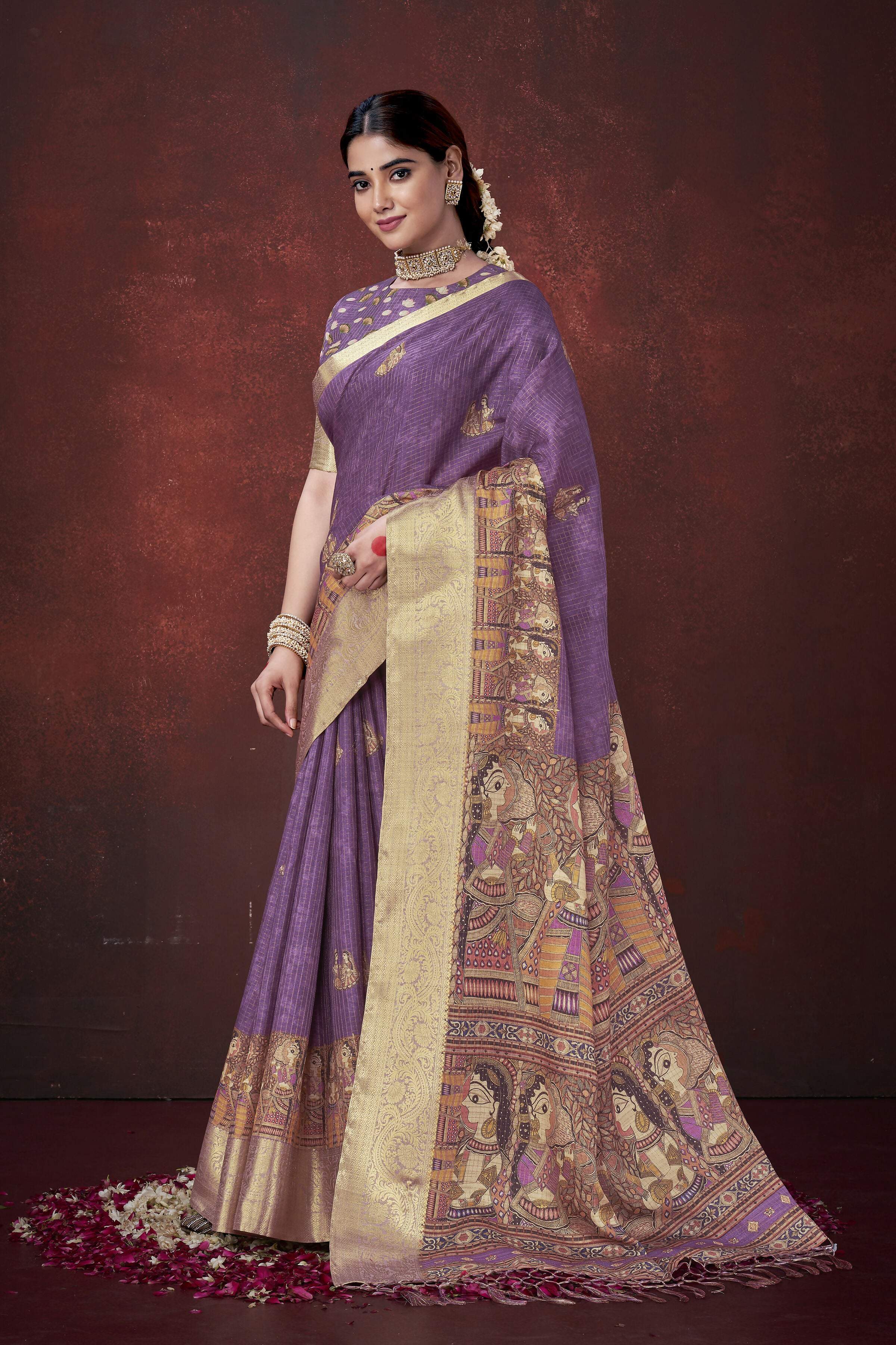 Purple Poly Habotai Silk Foil Print Saree with Unstitched Blouse - Kathari