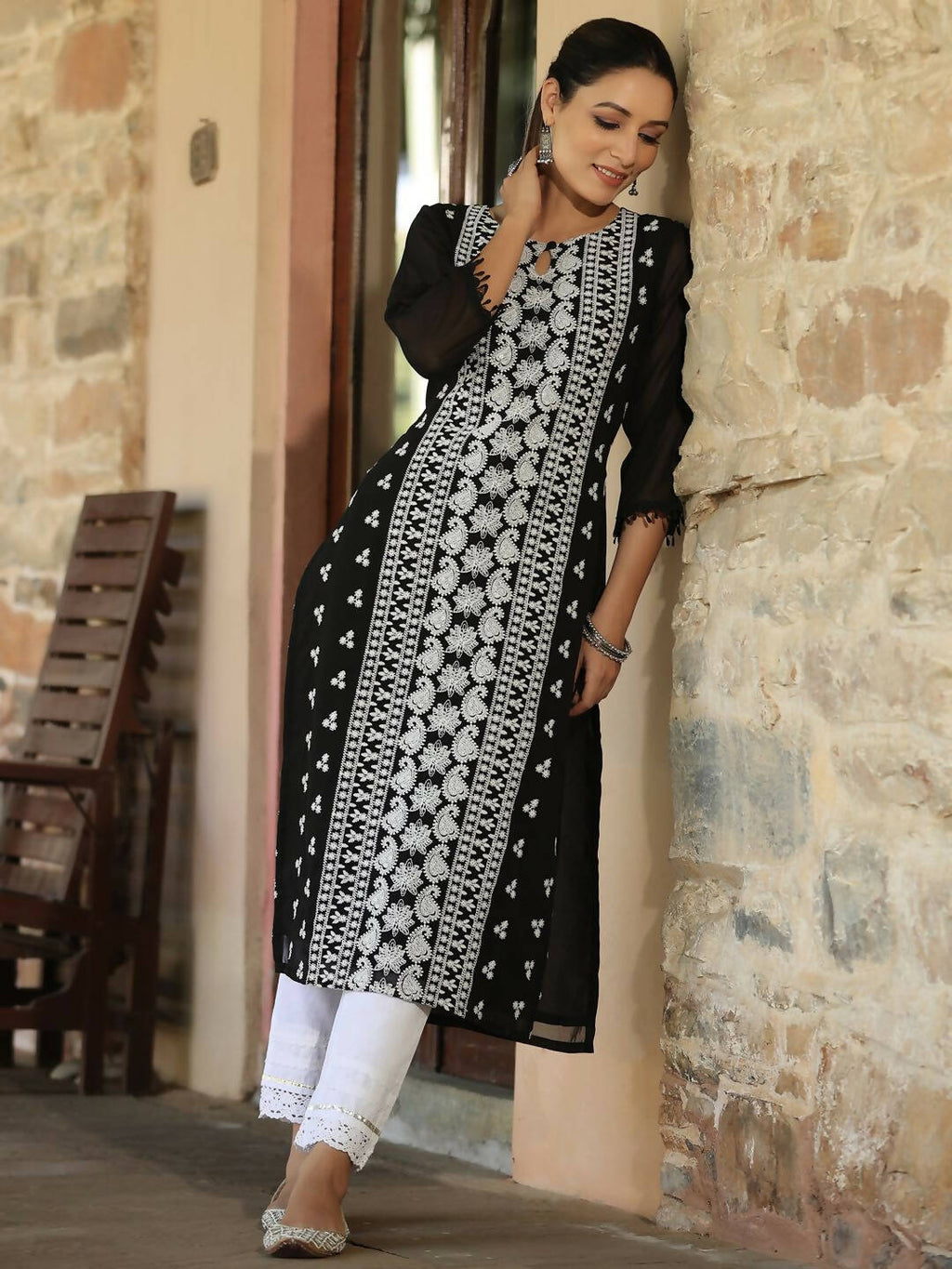Juniper Women's Black Georgette Printed Kurta - Distacart