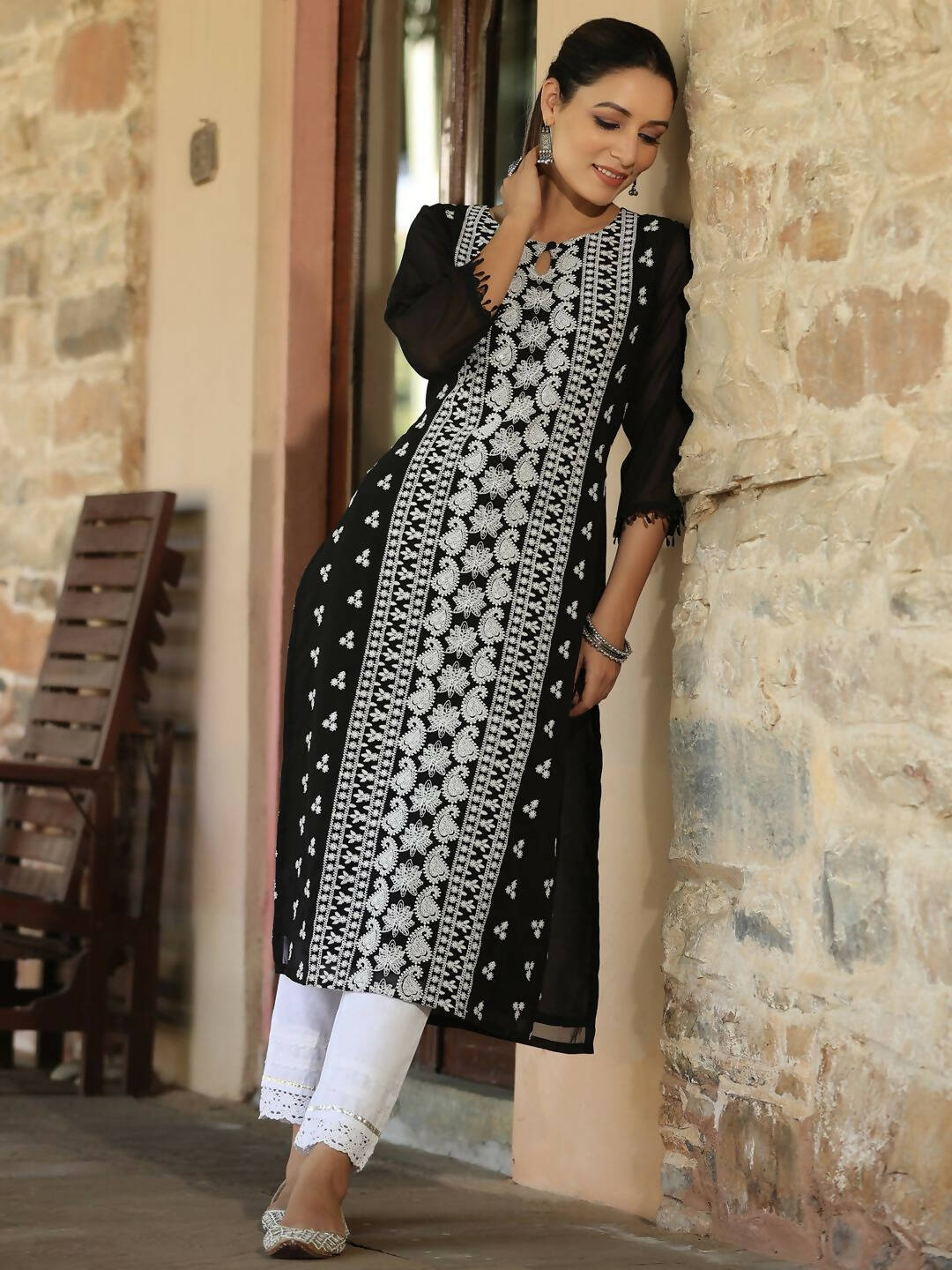 Juniper Women's Black Georgette Printed Kurta - Distacart