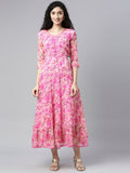 Souchii Pink & peaches n cream Floral Layered Chiffon Midi Dress - Distacart