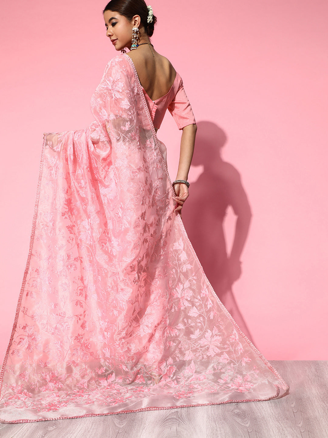 Saree Mall Pink Floral Embroidered Organza Saree - Distacart