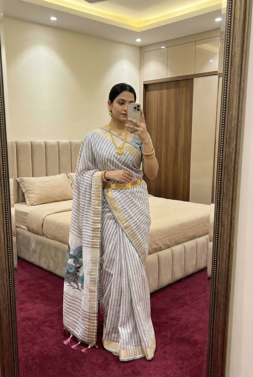 Vastranavya Grey Linen Cotton Meenakari Weaving Pallu Saree with Contrast Blouse - Distacart