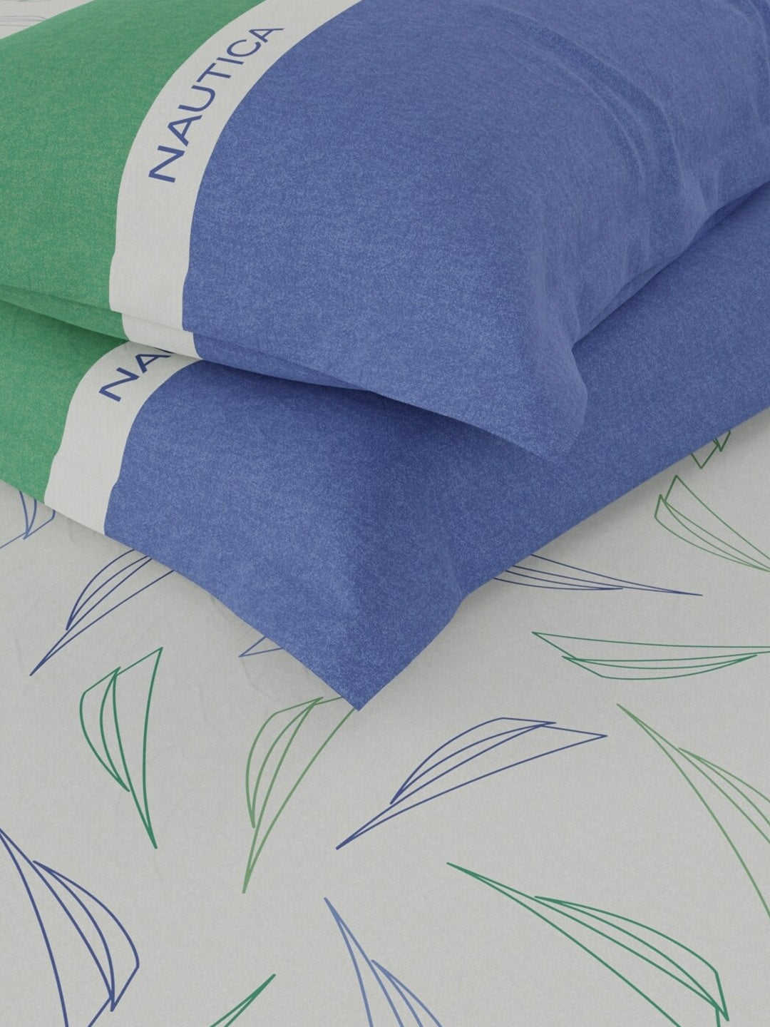 Nautica Noridge Green & Blue Floral Cotton 160 TC King Bedsheet With 2 Pillow Covers