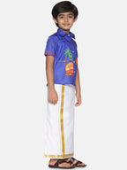 Sethukrishna Boys Blue & White Printed Shirt With Pure Cotton Dhoti Set