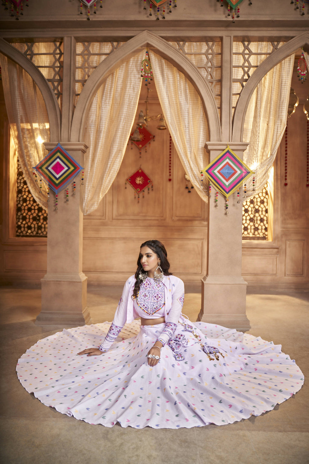 Lavender Cotton Jacquard Weaving Fabric Navratri Lehenga Choli With Dupatta - Raas