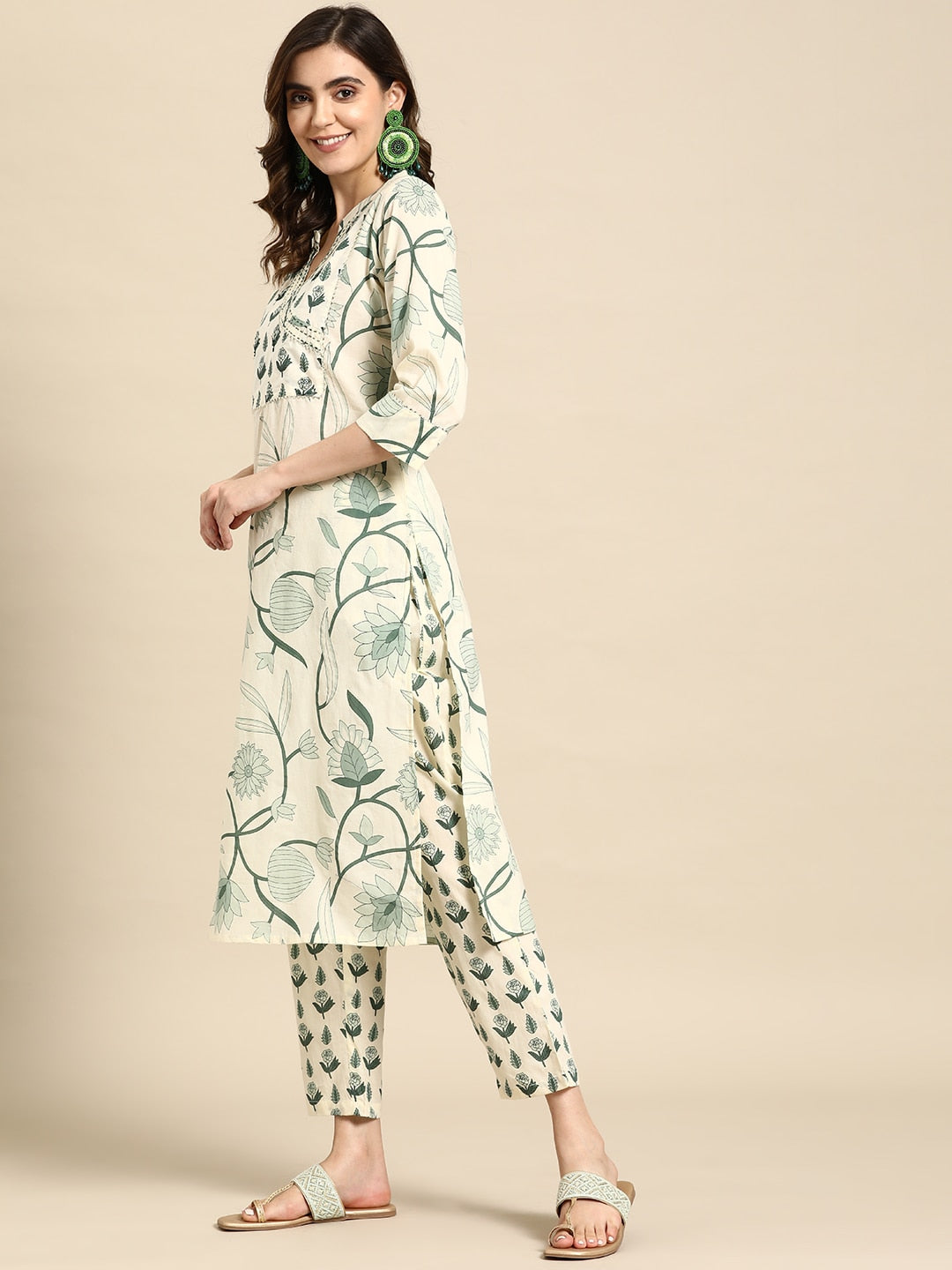 Sangria Floral Printed Angrakha Sequinned Pure Cotton Kurta With Trousers