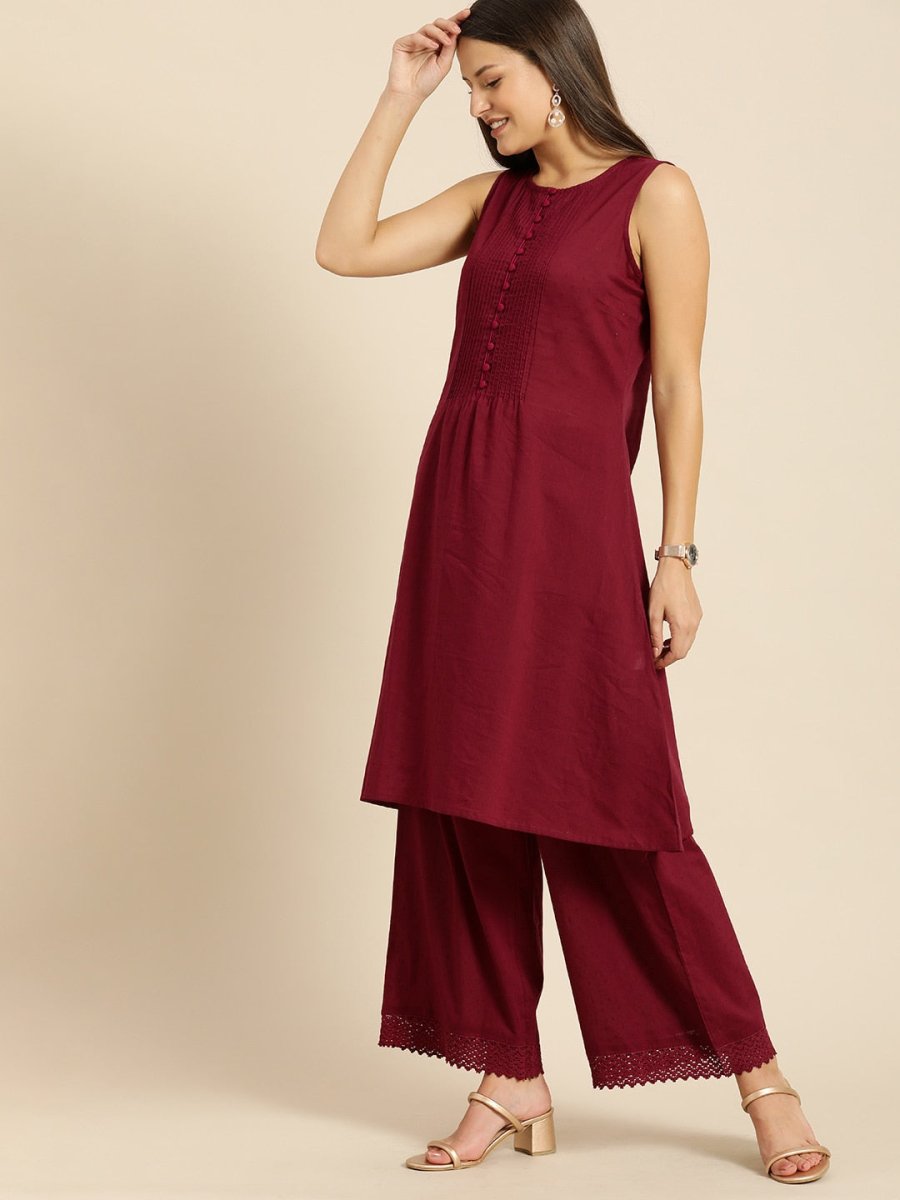 All About You Women Maroon Self Design Pure Cotton A-Line Kurta with Palazzos