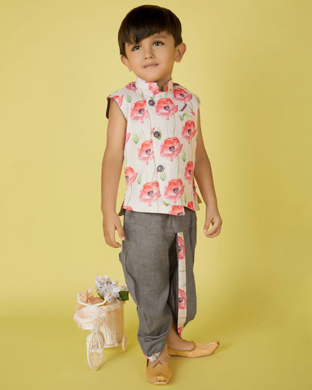 Joban Fashion Kids Island Cotton Sleeveless printed Kurta and Solid Dhoti - Grey