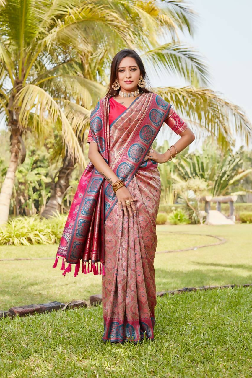 Vastranavya Boutique Collection Kanjivaram Soft Silk Saree With Unstitched Blouse - Coral