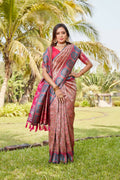 Vastranavya Boutique Collection Kanjivaram Soft Silk Saree With Unstitched Blouse - Coral