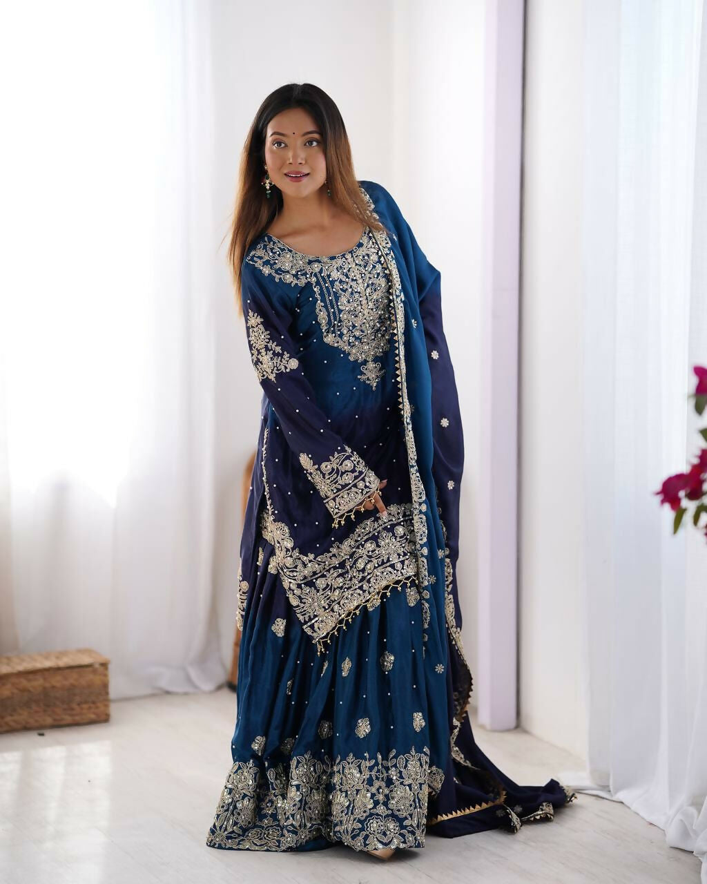 The52 Women's Beautiful Chinon silk Fabric Embroidery Work Straight Kurta Palazzo and Dupatta Set - Distacart