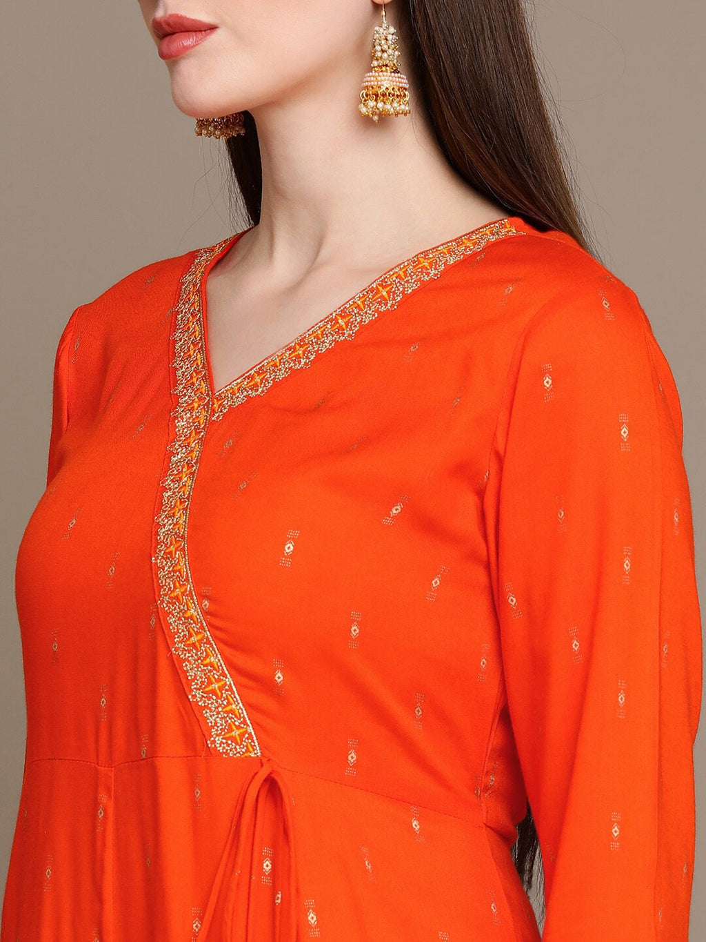 HERE&NOW Ethnic Motifs Printed Thread Work Angrakha Kurta with Palazzos & Dupatta