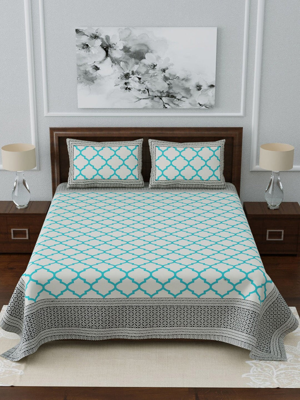 LIVING ROOTS White & Blue Printed 210 TC 1 King Jaipuri Bedsheet With 2 Pillow Covers
