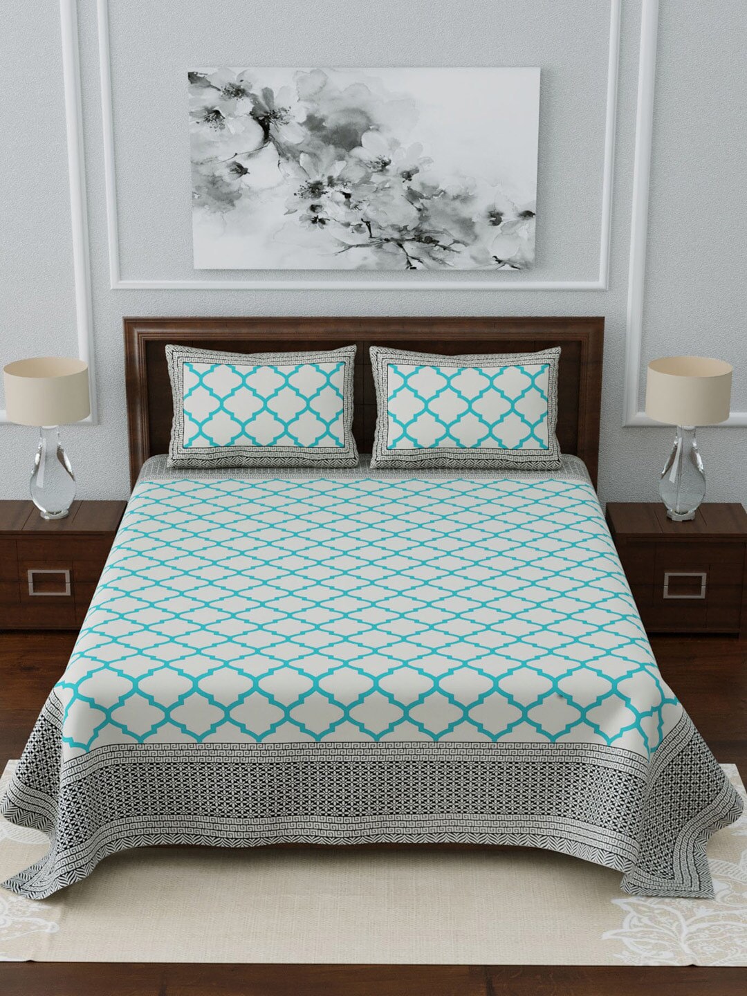 LIVING ROOTS White & Blue Printed 210 TC 1 King Jaipuri Bedsheet With 2 Pillow Covers