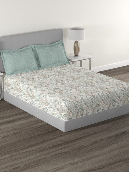 MYTRIDENT Green White Ethnic Motifs Cotton 144 TC Queen Bedsheet With 2 Pillow Covers