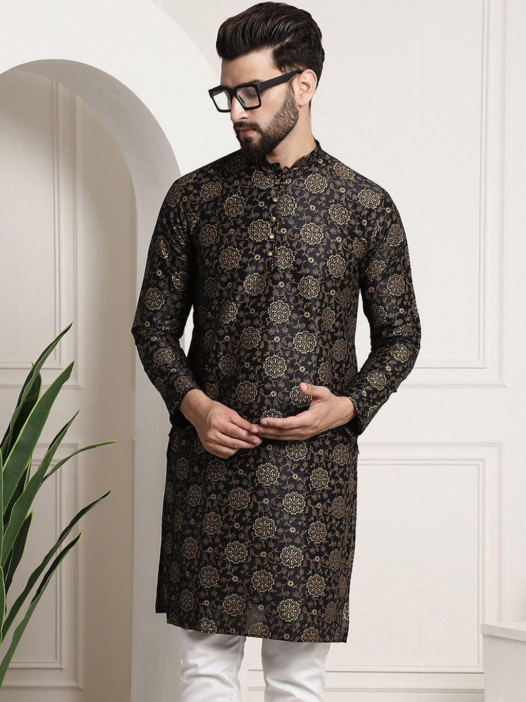 Sojanya Men Black & Brown Ethnic Motifs Printed Kurta