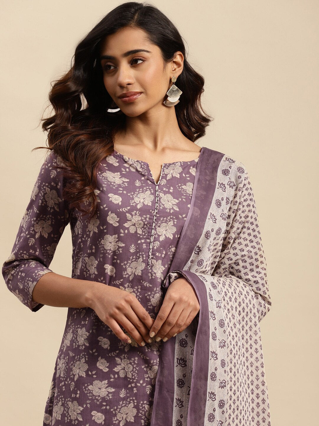 Sangria Maroon Floral Printed Pure Cotton Kurta With Trouser & Dupatta