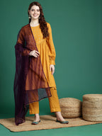 Sangria Mirror Work Embroidered Regular Gotta Patti A-Line Kurta With Trousers & Dupatta