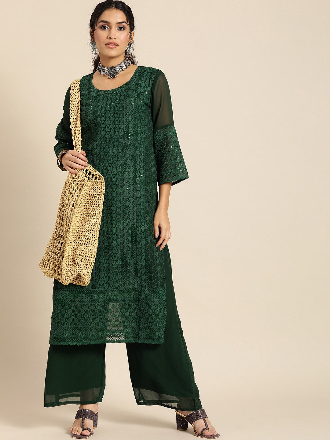 Sangria Women Green Ethnic Motifs Chikankari Kurta with Palazzos