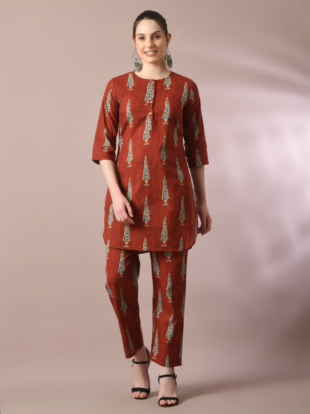 Myshka Women's Rust Printed Cotton Round Neck Party Tunic With Trousers Co-ord set